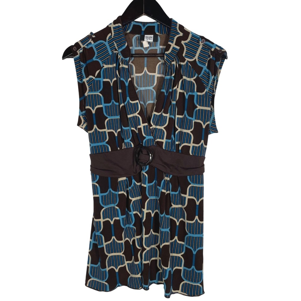 Studio 1940 XL Retro Belted Top Brown Blue V-Neck 2000s‎ Y2K-Era Mod Style